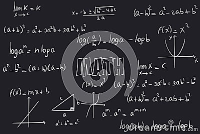 Notes of exercises, formulas and equations of mathematical calculation with a black chalkboard background Stock Photo