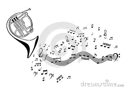 Notes and french horn Vector Illustration