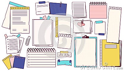 Notes and paper stationery. Doodle post-it note sheet with sticky note, memo and task planner objects. Vector blank Vector Illustration