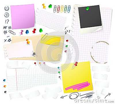 Notes, papers and Thumbtack Vector Illustration