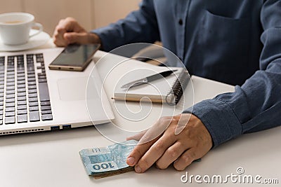 Notes of Real, Brazilian currency. Money from Brazil. Concept of Stock Photo