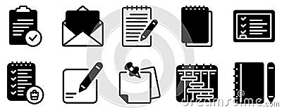 Notes and Tasks Icon Set Solid Style Collection representing organization and productivity suitable for planners to-do lists and Vector Illustration