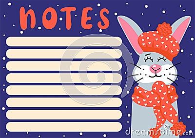 Notes template with cartoon bunny in knitted beret and scarf on snowfall background Vector Illustration