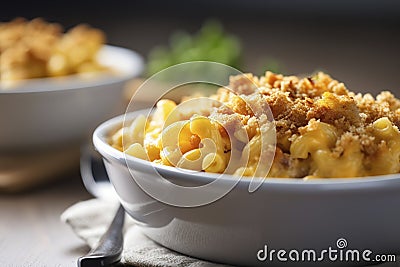 A hearty bowl of creamy macaroni and cheese with a crispy breadcrumb topping.  Stock Photo