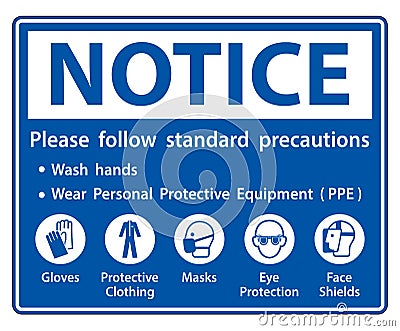 Notice Please follow standard precautions ,Wash hands,Wear Personal Protective Equipment PPE,Gloves Protective Clothing Masks Eye Vector Illustration