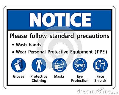 Notice Please follow standard precautions ,Wash hands,Wear Personal Protective Equipment PPE,Gloves Protective Clothing Masks Eye Vector Illustration