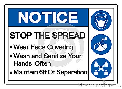 Notice Wear Face Covering Wash and Sanitize Your Hands Often Maintain 6ft Of Separation Symbol Sign, Vector Illustration, Isolate Vector Illustration