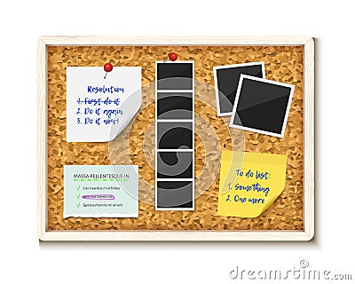 Noticeboard cork board with paper notes, to do stickers and photos Vector Illustration