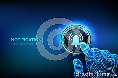 Notification button. Notification message icon. Alarm, alert symbol. Closeup finger about to press a button with bell sign. Vector Vector Illustration