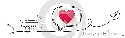 Notification calendar line icon. Bell alarm reminder sign. Continuous line with plane. Vector Vector Illustration
