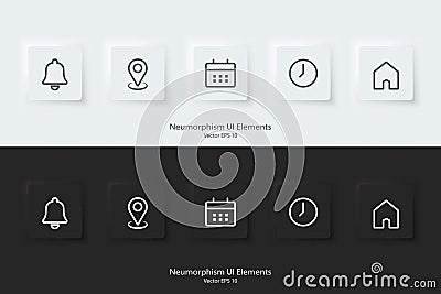 Notification, location, date, time, and address icon. Line icon. A set of square buttons with symbols. 3d Neumorphism element Vector Illustration