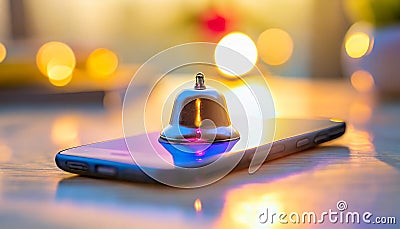 Notification message bell alert and alarm on blurred desk with close up smartphone reminder Stock Photo