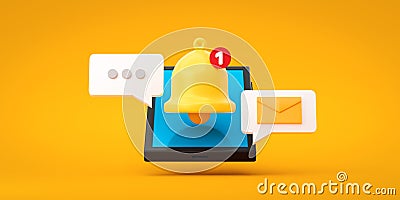 Notification message bell icon alert and alarm on yellow background with smartphone reminder. 3D rendering Stock Photo