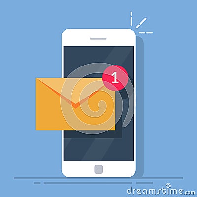 Notification of a new email on your mobile phone or smartphone. Mail icon. Flat vector illustration isolated on white Vector Illustration