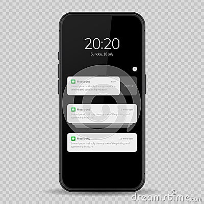 Notification screen UI design. Phone notification windows template on a dark background. Smartphone messaging interface. Vector Vector Illustration