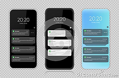 Notification screen UI design. Phone notification windows template on a dark background. Smartphone messaging interface. Vector Vector Illustration