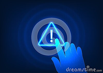 Notification technology The hand pressing the alert symbol indicates a system notification of a technological data processing Vector Illustration