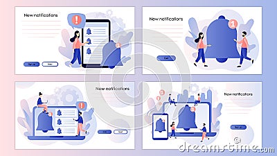 Notifications. Ring bell as reminder pop up. People get chat messages notification online. Screen template for landing Vector Illustration