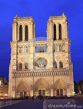 Notre Dame Cathedral at dusk, Paris Stock Photo