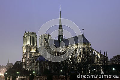 Notre Dame cathedral in Paris at night Stock Photo