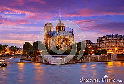 Notre Dame cathedral Paris sunset at Seine Stock Photo