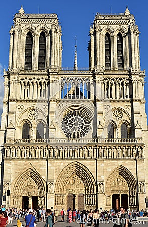 Notre-Dame de Paris Cathedral facade with tourists at sunset. Paris, France. Editorial Stock Photo