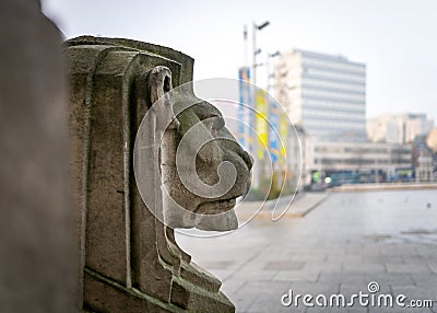 Deserted Nottingham empty market square on foggy morning during Covid 19 pandemic lockdown stone carved lion outside council house Editorial Stock Photo