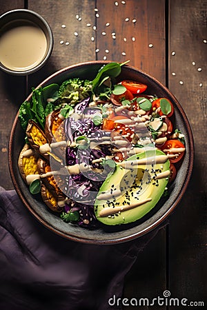 A nourishing bowl filled with quinoa, roasted vegetables, avocado and a tahini dressing Stock Photo