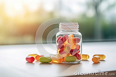 Daily nourishment in a jar: Gummy supplements and chewable vitamins presented in a glass jar, a colorful array for a Stock Photo