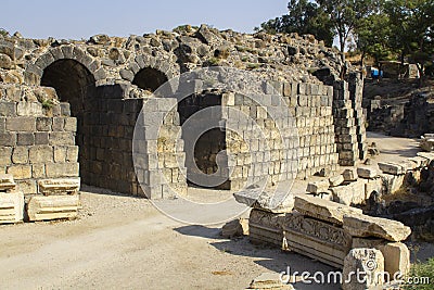 Ancient ruins in the Roman settlement at the Beth Shean National Park the death site of King Saul of Israel Stock Photo