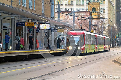 A Calgary public train arriving to the platform Editorial Stock Photo
