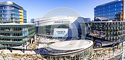 Nov 2, 2019 San Francisco / CA / USA - High angle view of the newly opened Chase Center arena and the new UBER headquarters in the Editorial Stock Photo