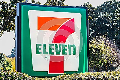 Nov 23, 2019 Sunnyvale / CA / USA - Close up of large 7 Eleven store sign; 7-Eleven Inc. is a Japanese-American international Editorial Stock Photo