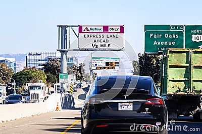 Nov 15, 2019 Sunnyvale / CA / USA - Vehicles travelling on Highway 237 in south San Francisco Bay Area; Newly opened express lane Editorial Stock Photo