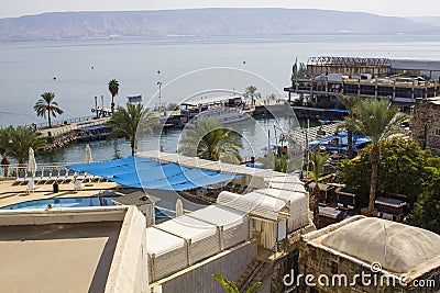 The view of the sea front and across The Sea of Galilee from the town of Tiberias Editorial Stock Photo