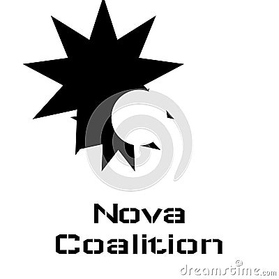 Nova coalition text in black with two black stars and white circle logo on white background Stock Photo