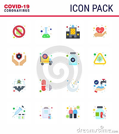 Novel Coronavirus 2019-nCoV. 16 Flat Color icon pack protect, love, test, heart, hospital Vector Illustration