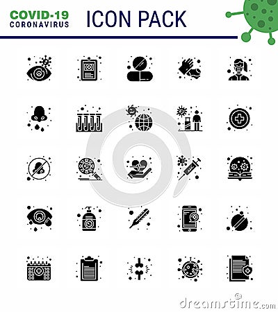 Novel Coronavirus 2019-nCoV. 25 Solid Glyph icon pack face, medical, capsule, hands, tablet Vector Illustration