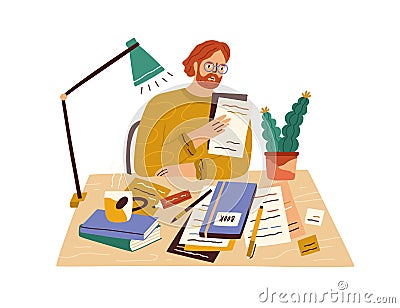 Novel writer at desk with books and papers. Creative author sitting at table and writing. Editor in glasses working with Vector Illustration