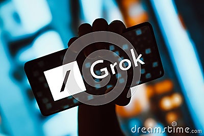 November 6, 2023, Brazil. The Grok logo is displayed on a smartphone screen. Grok is an artificial Cartoon Illustration