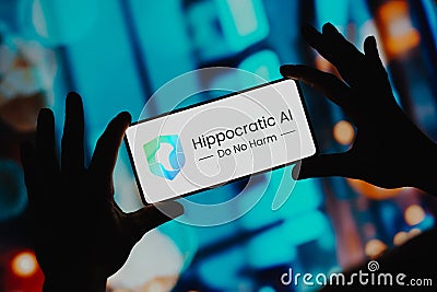 November 24, 2023, Brazil. In this photo illustration, the Hippocratic AI logo is displayed on a smartphone screen Cartoon Illustration