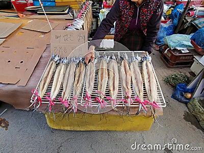 3 November 2022 - Busan, South Korea: Dried Long fish in South Korean market Editorial Stock Photo