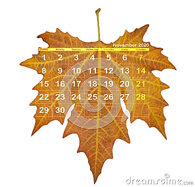 November 2020 calendar autumn leaf Stock Photo