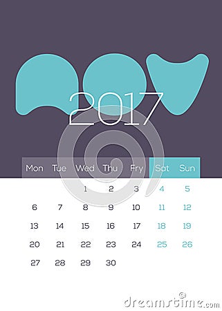 November 2017 Calendar - Beautiful, Modern, Fresn, Clean and Cool Vector Illustration