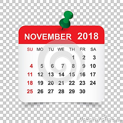 November 2018 calendar. Calendar sticker design template. Week s Vector Illustration