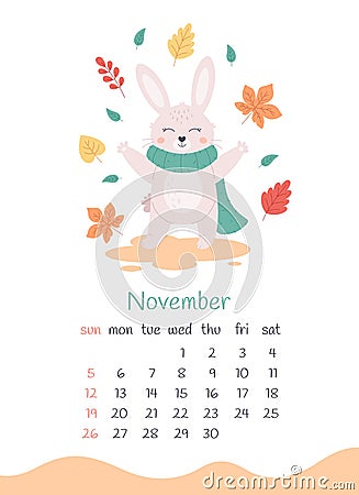 November 2023 calendar. Cute bunny in scarf with autumn leaves. Hello autumn. The year of the Rabbit, bunny symbol of 2023. Week Stock Photo