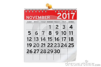 November 2017 calendar, 3D rendering Stock Photo