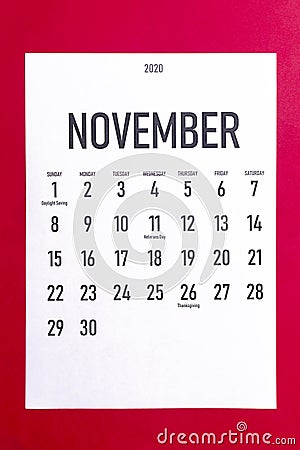 November 2020 calendar with holidays Stock Photo