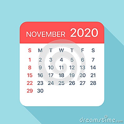 November 2020 Calendar Leaf - Vector Illustration Stock Photo