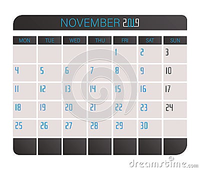 November 2017 calendar. Vector Illustration